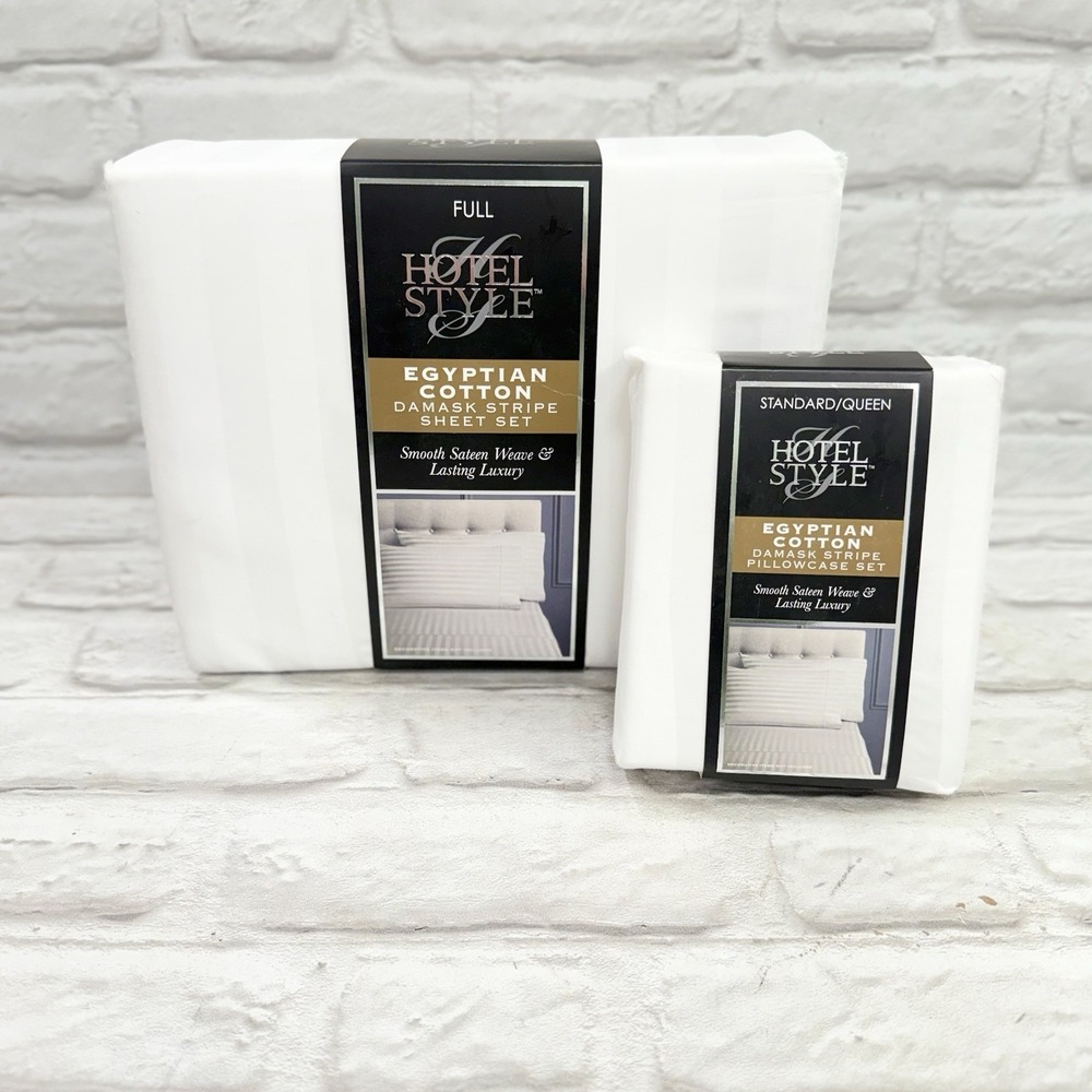 Hotel Style 600TC Egyptian Cotton Sateen Full Size Sheet Set 6pc White Stripe